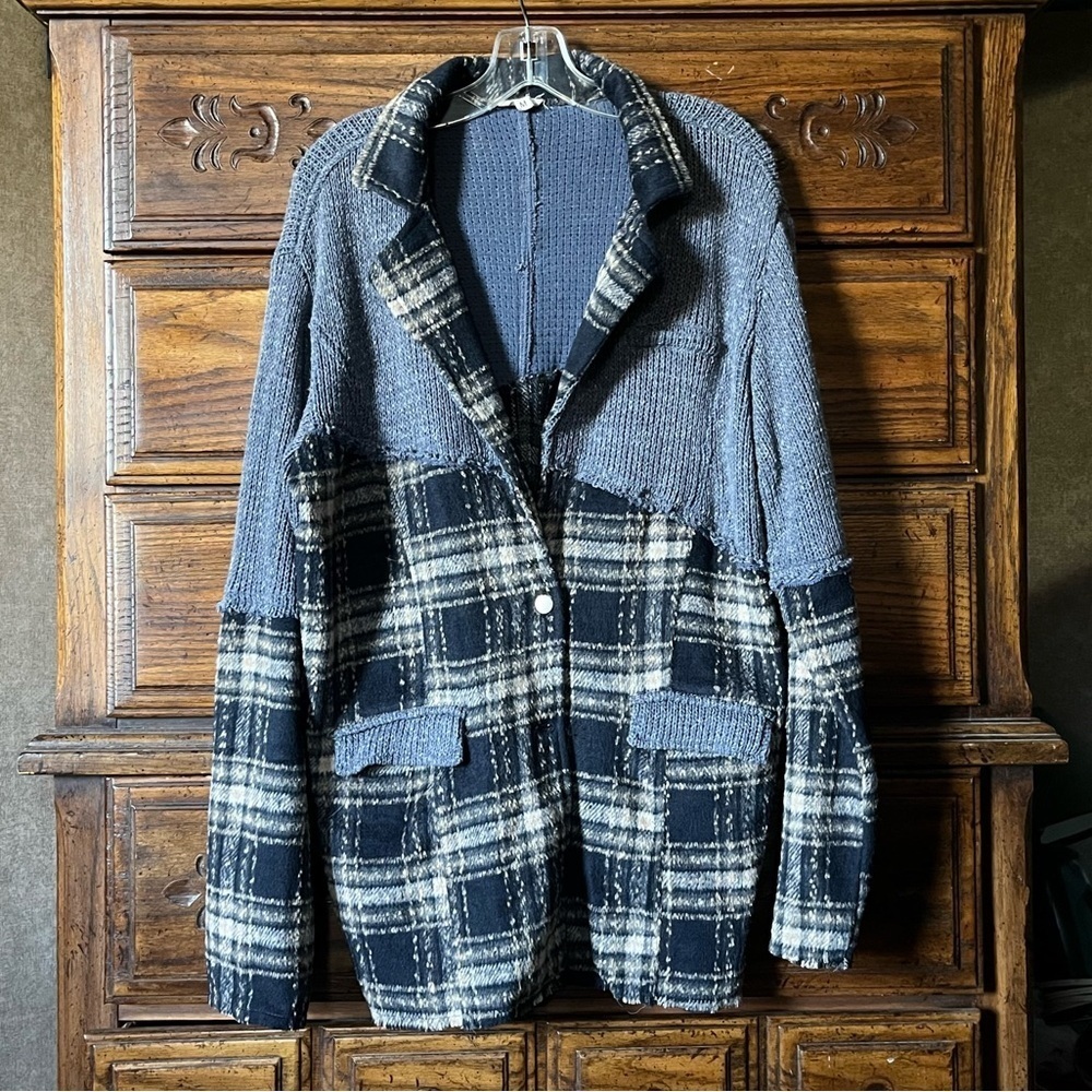 POL Blue Textured Patchwork Cozy Knit Jacket